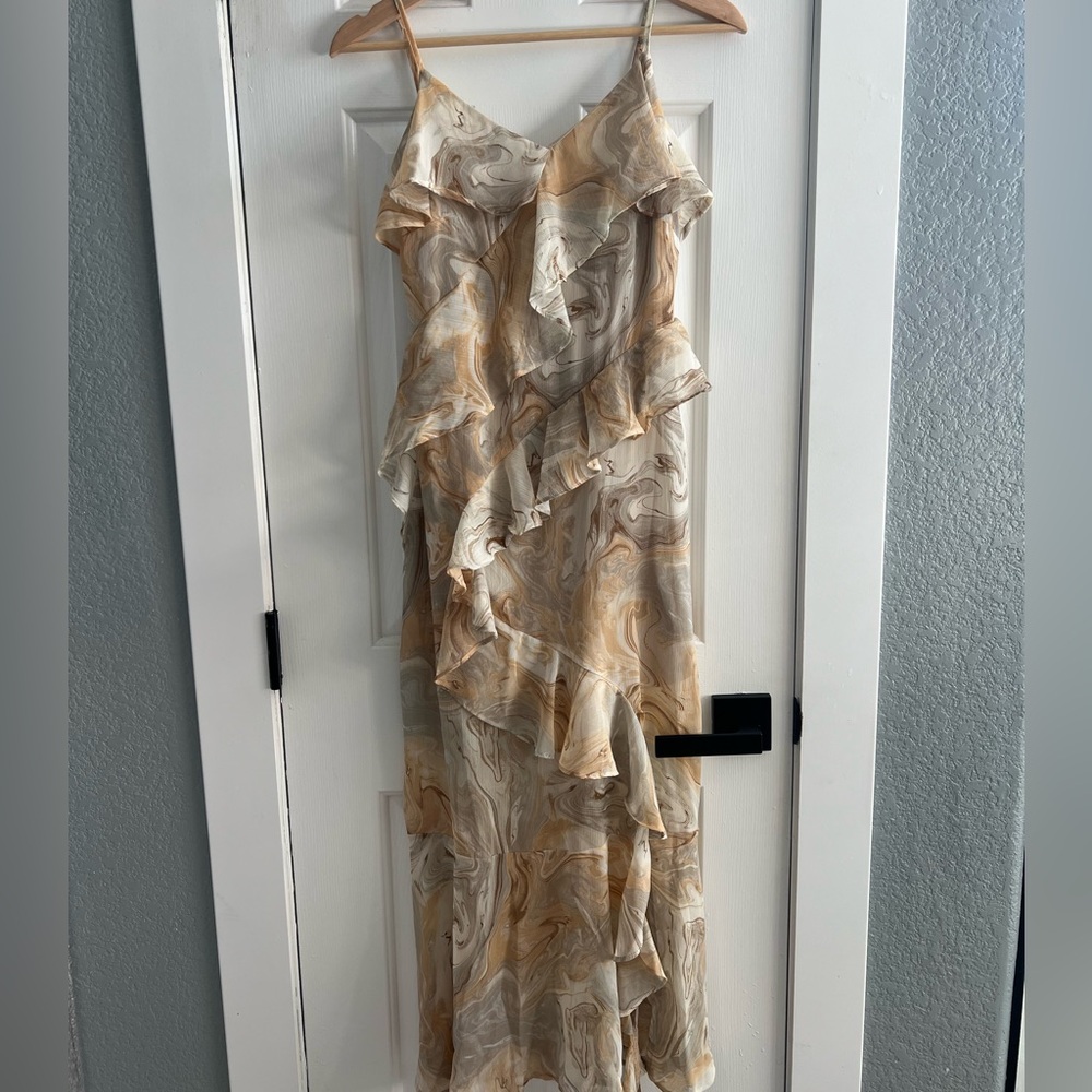 Blu Pepper Marble Print Ruffle Midi Dress in Cream and Tan